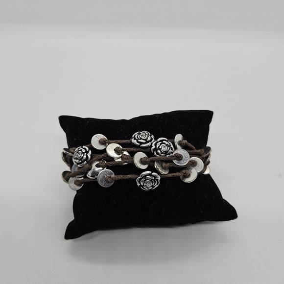 Fossil brown cord layered bracelet with silver tone metal beads - Picture 1 of 2